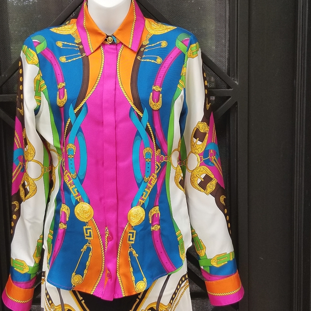 VERSACE Multicolor Mixed Baroque Print Silk Twill Button Front Top Blouse
